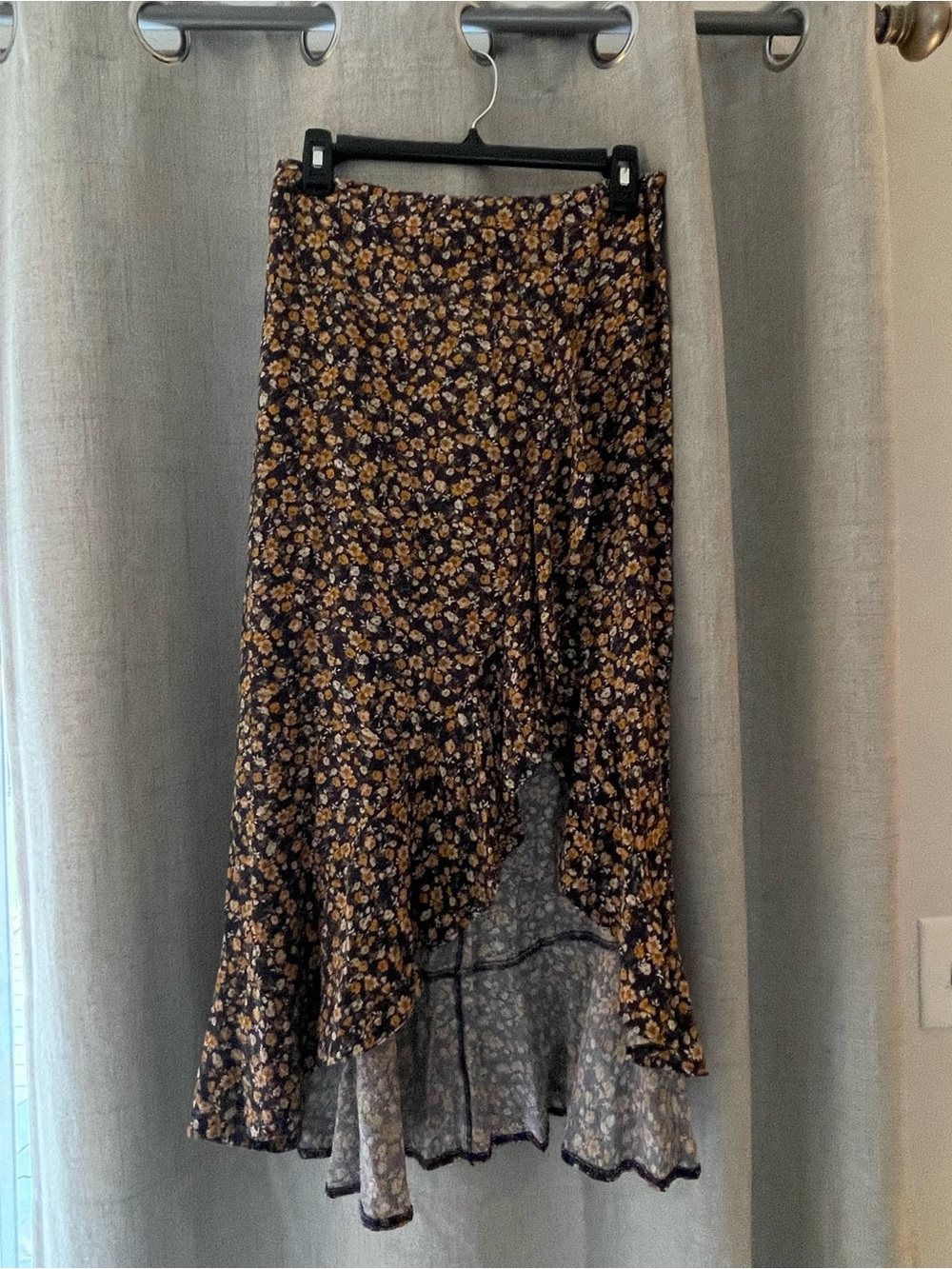 Dress Forum Purple Floral High-Low Midi Skirt with Mustard Accents